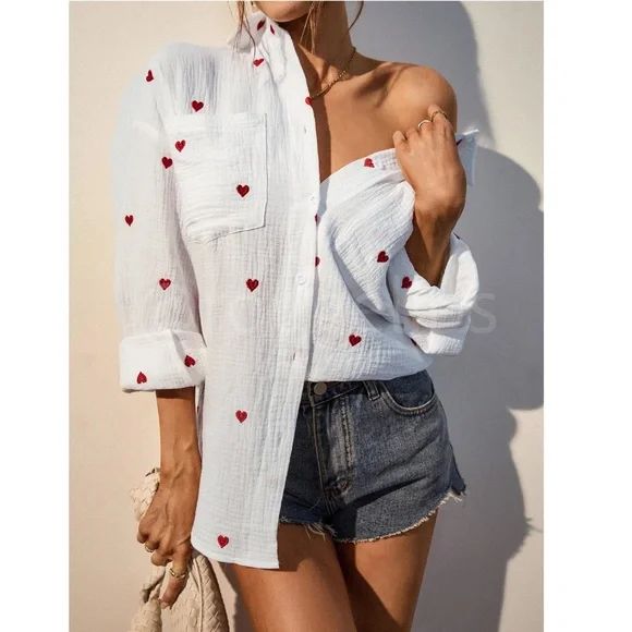 Cotton White Casual Shirt Embroidered Red Hearts Button Down Up Long Sleeve - Picture 4 of 16